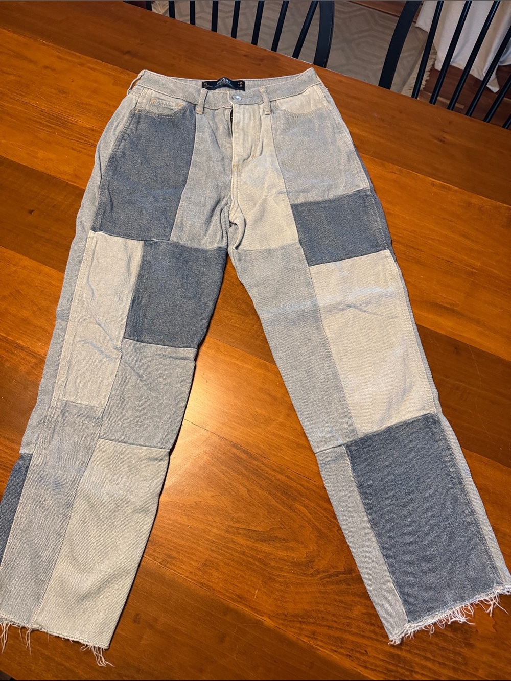Hollister Patchwork Ankle Jeans in Light and Dark Blue